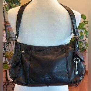 Fossil Black Pebbled Leather Shoulder Bag Medium Size 75082 With Fossil Key